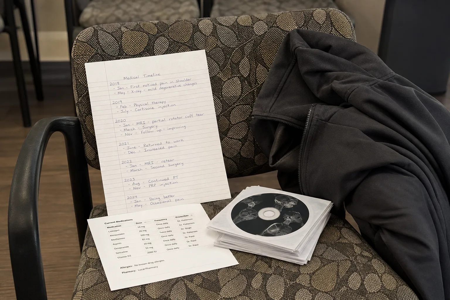 A single-page handwritten medical timeline, a printed medication list, and a small stack of imaging discs arranged on a clinic waiting room chair beside a fo...