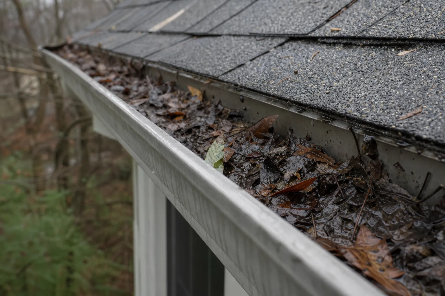 A clogged aluminum gutter packed with wet decomposed leaves along the edge of a shingled roof