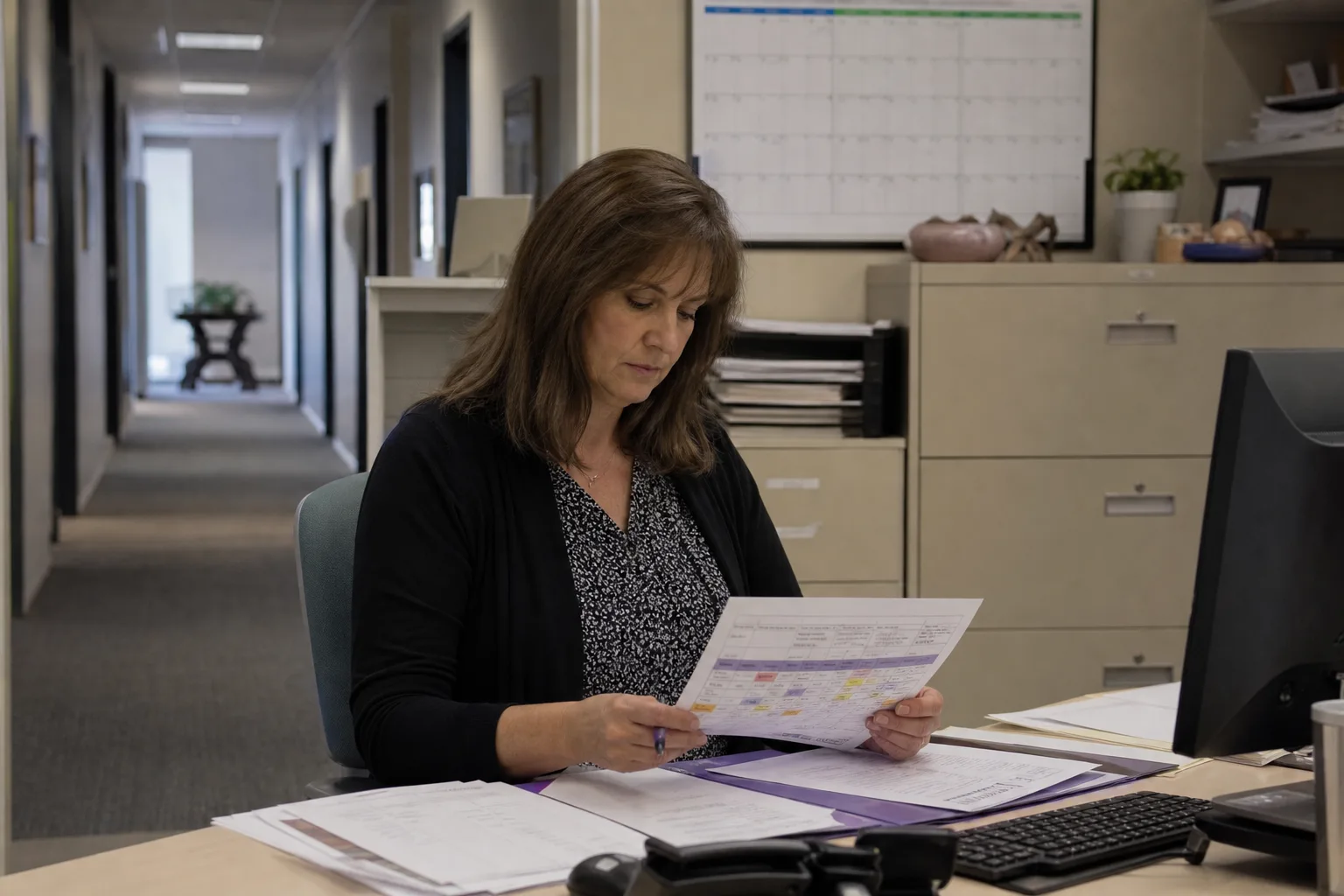 A community college administrative office corridor with a placement coordinator at a desk reviewing a printed rotation schedule, filing cabinets and a wall c...