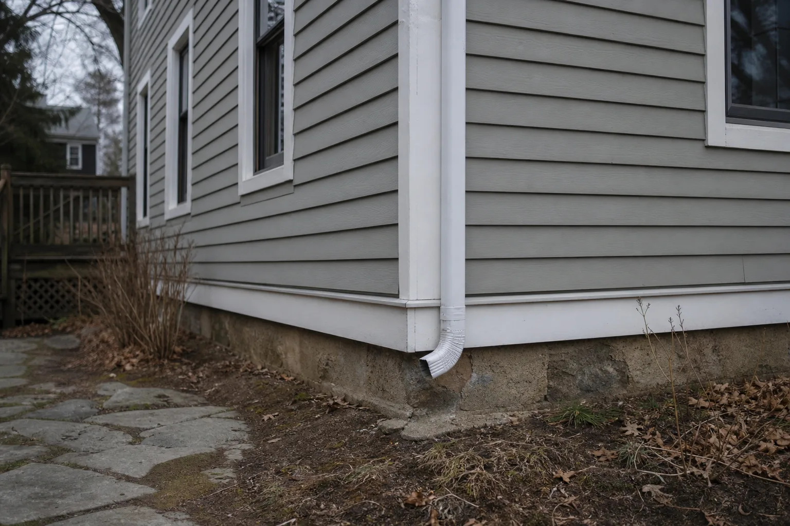 The exterior corner of a two story wood frame house showing lap siding, a downspout and the foundation edge