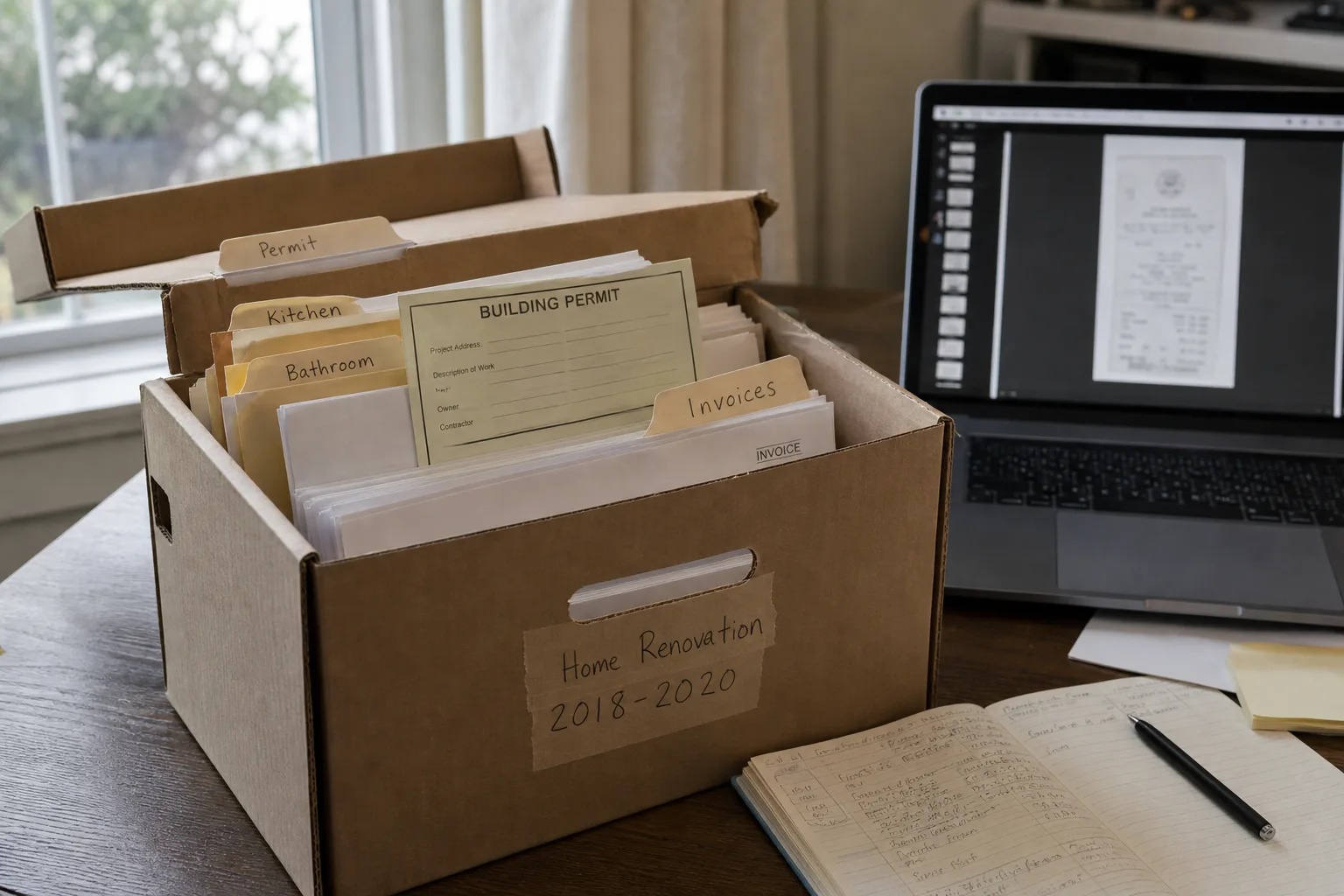 A labeled archival storage box on a home office desk, open, holding folders of home renovation invoices, a building permit card, and a laptop showing a scann...