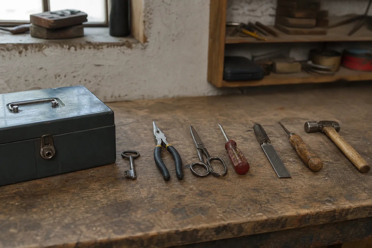 A small workshop bench with hand tools laid out in a row and a metal cash box at one corner