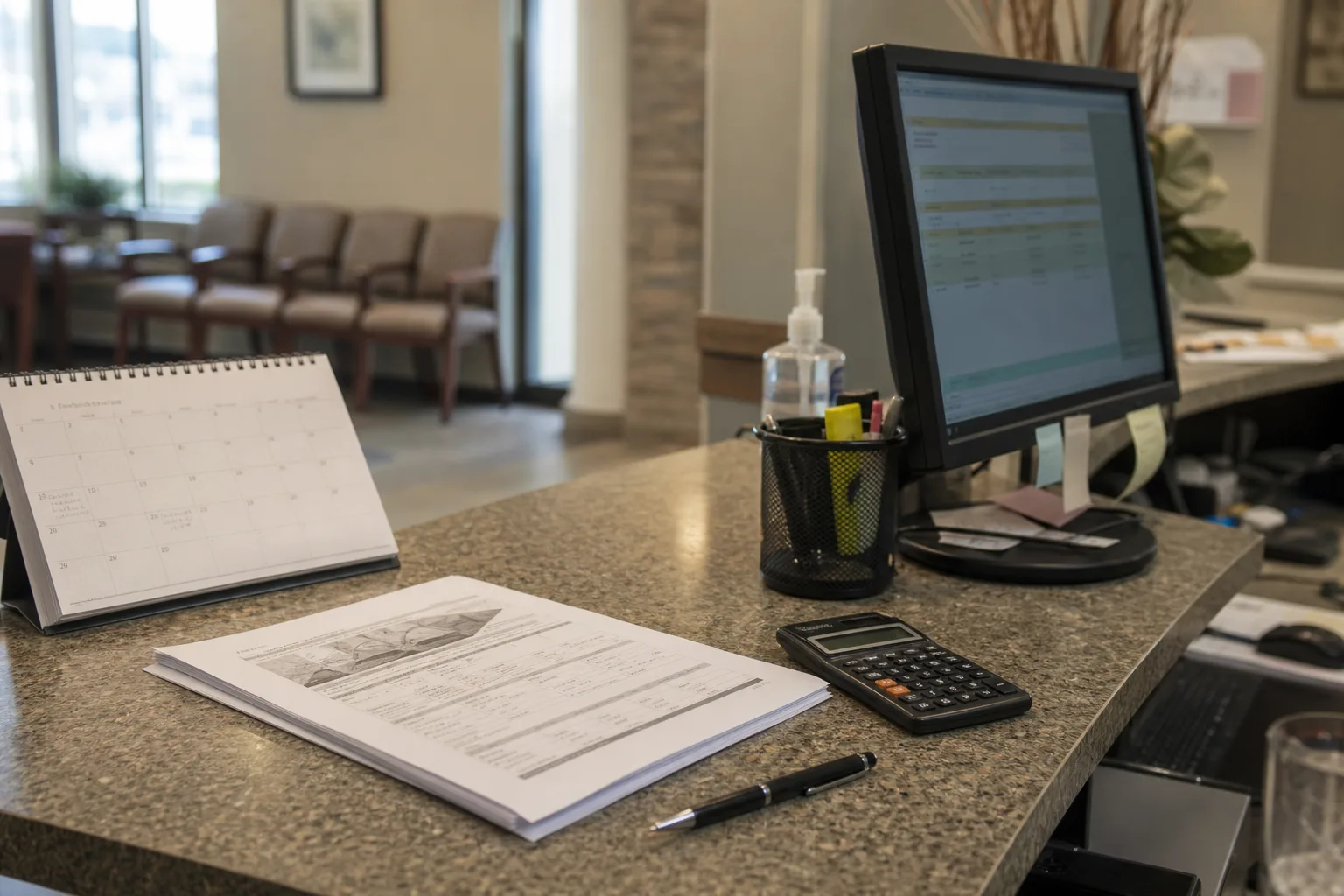 A clinic front-desk counter with a printed multi-page treatment estimate laid flat beside a calculator, a household calendar, and a pen, with a computer moni...