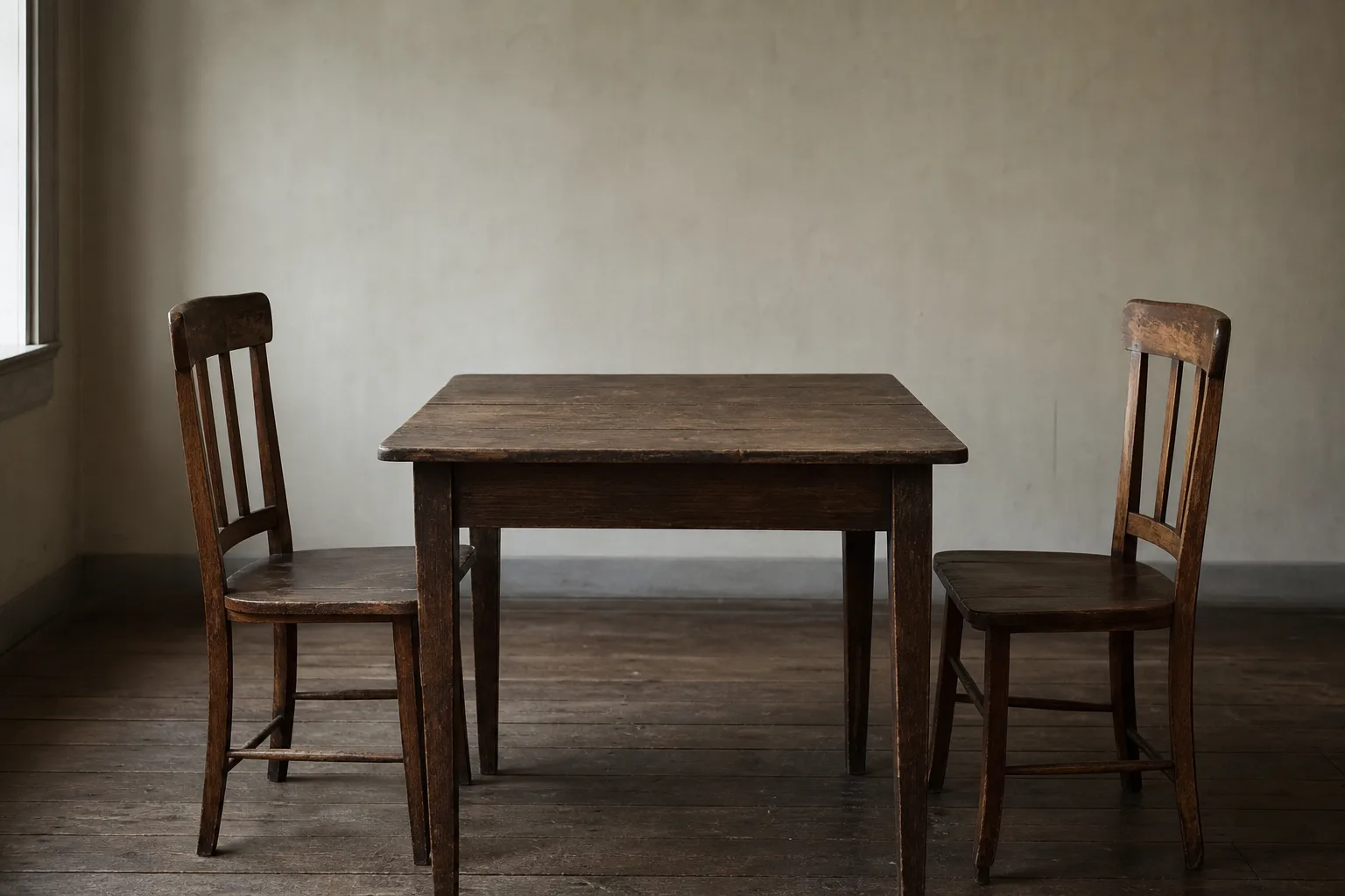 Two empty wooden chairs facing each other across a bare table in a plain room