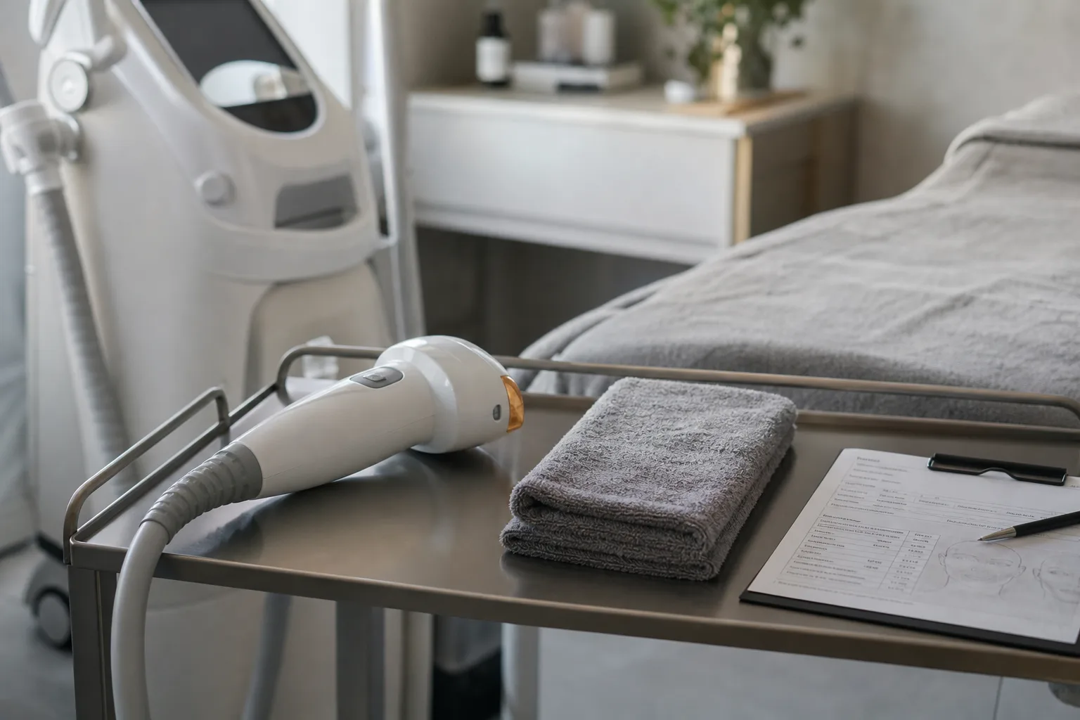 A clinician's treatment room in a private aesthetic practice, with a handheld skin device resting on a clean tray beside a folded towel and a clipboard chart
