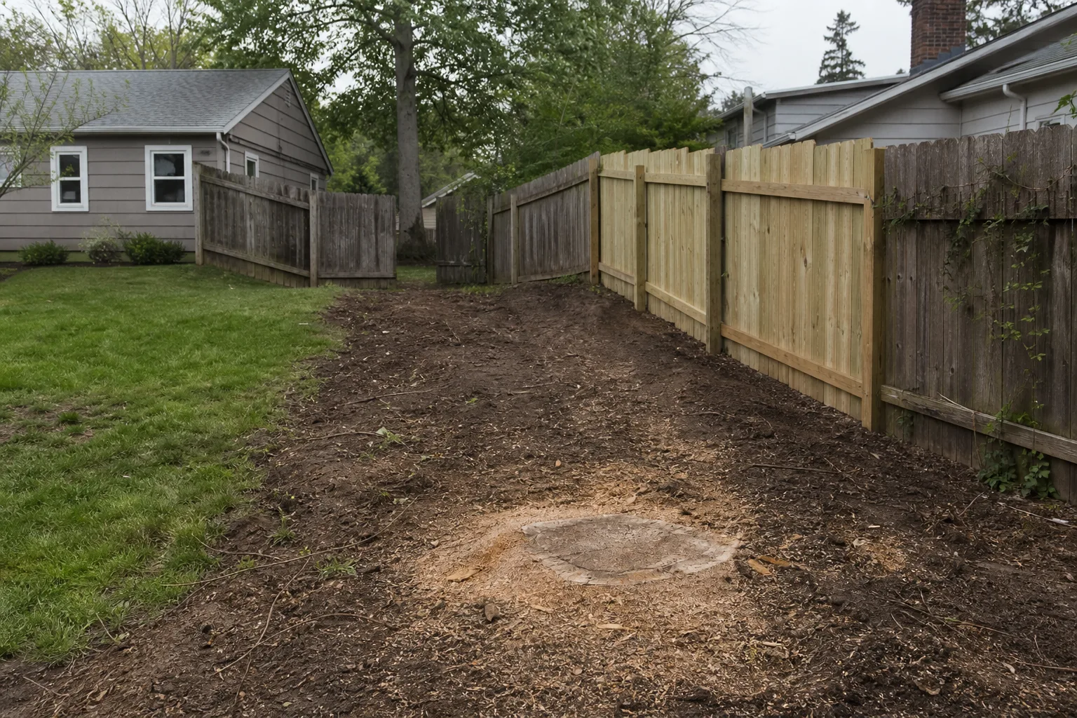 A property line between two suburban backyards where a mature tree has recently been removed, showing the stump grinding scar, a strip of freshly disturbed b...