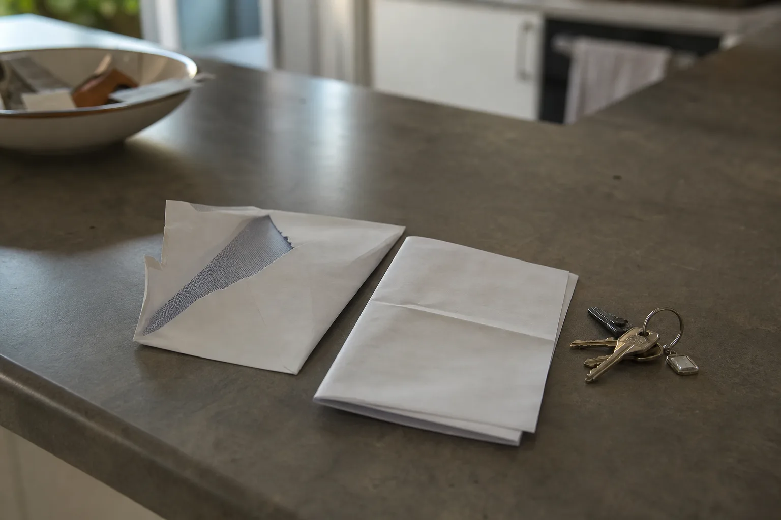 An opened envelope and a folded letter lying face down on a kitchen counter beside a set of house keys