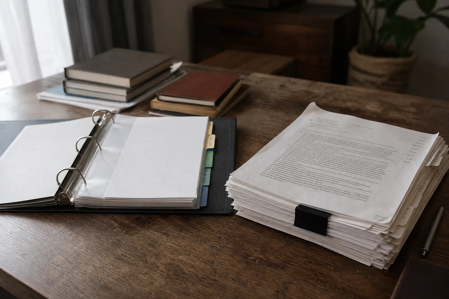 A ring binder open on a desk with dividers and a stack of dated printed pages beside it