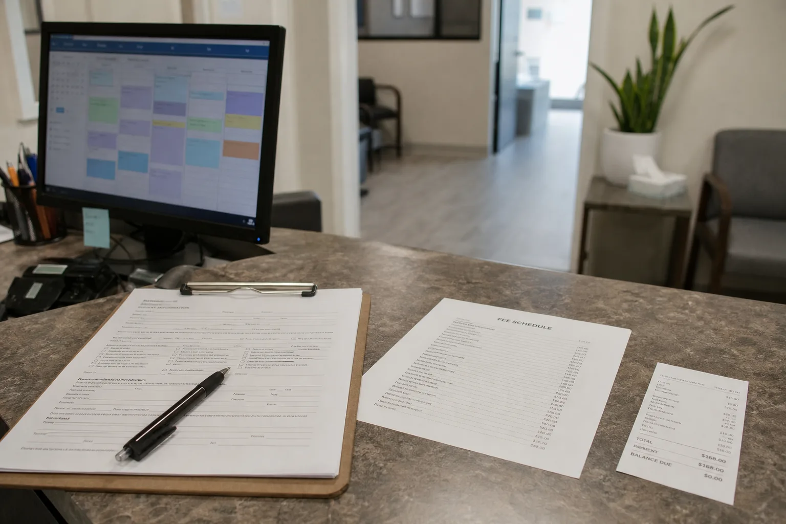 A clinic reception desk with a clipboard of intake forms, a printed fee schedule, and an itemized receipt laid out on the counter beside a scheduling screen