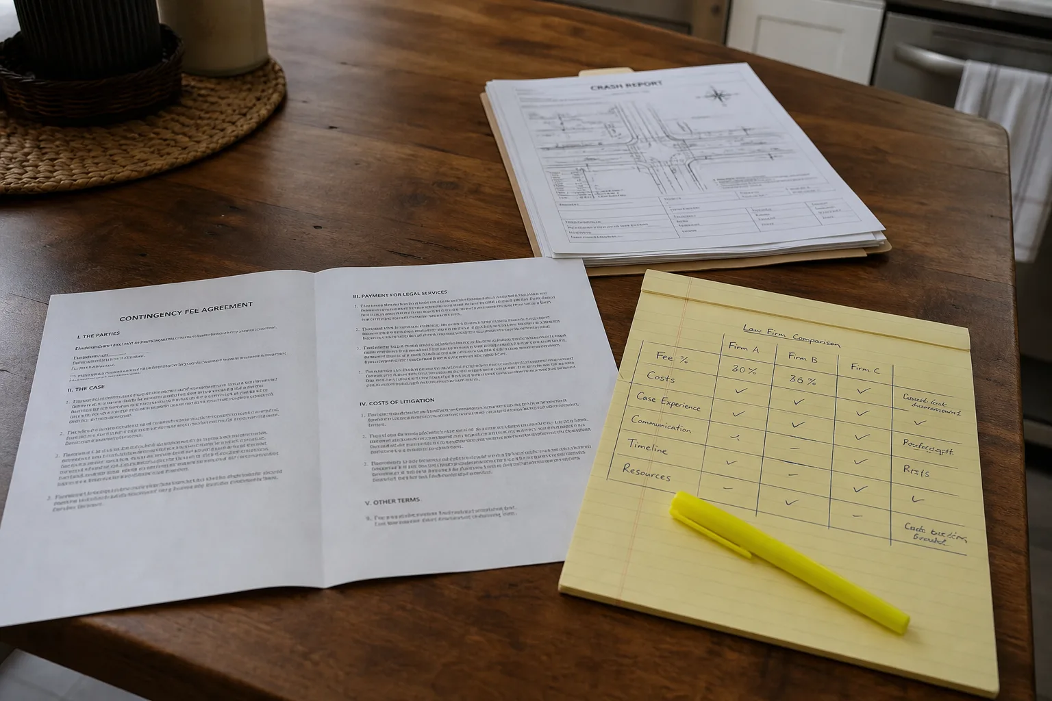 A two-page contingency fee agreement lying on a kitchen table beside a crash report, a highlighter, and a handwritten comparison grid on a legal pad