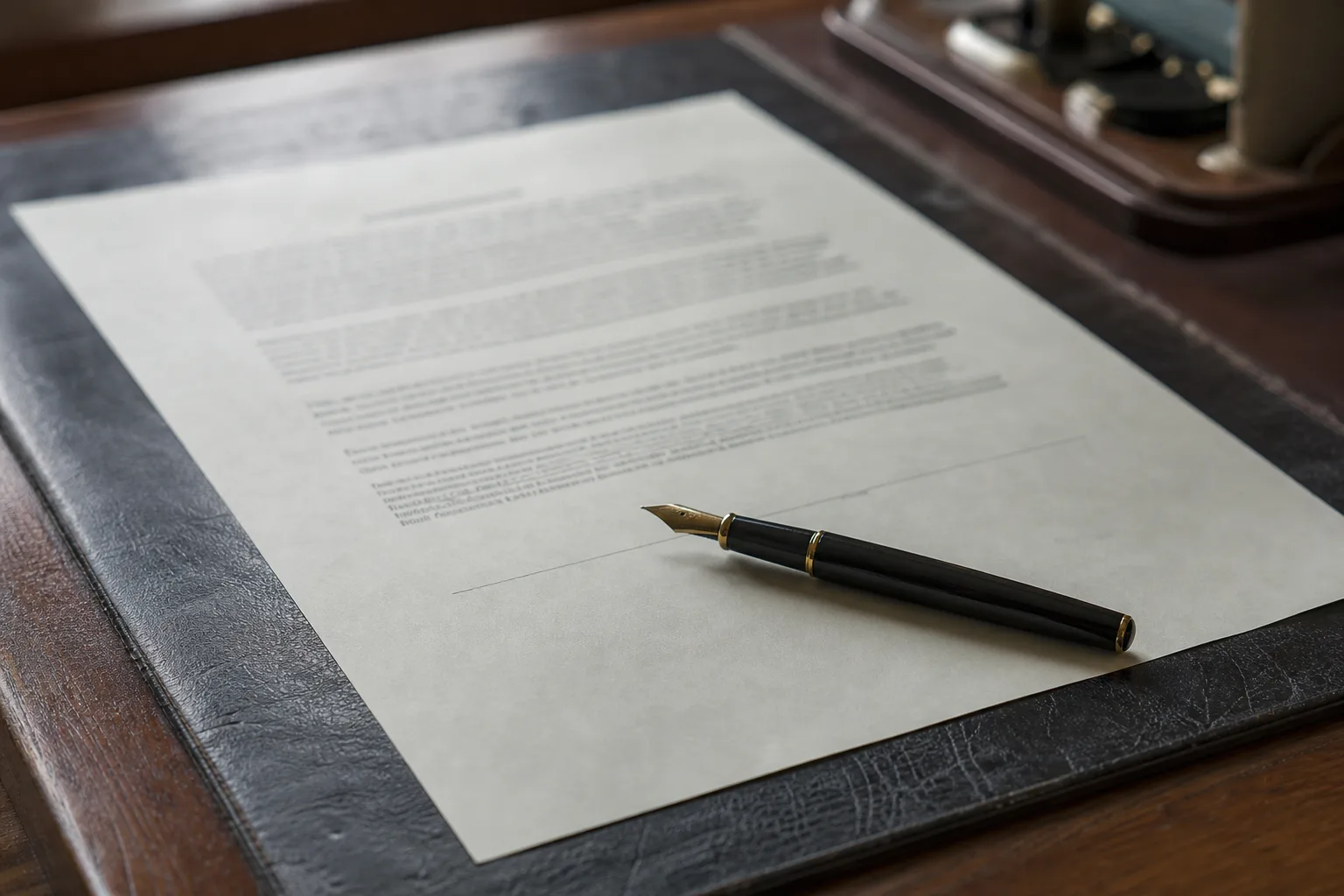 A single sheet of contract paper on a desk with a fountain pen resting across the lower half