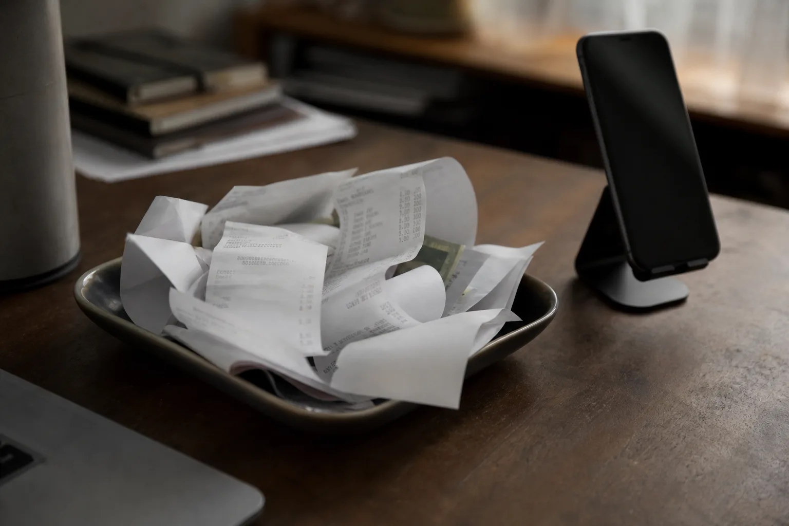 A shallow tray of curled paper receipts on a desk beside a phone propped upright on a stand