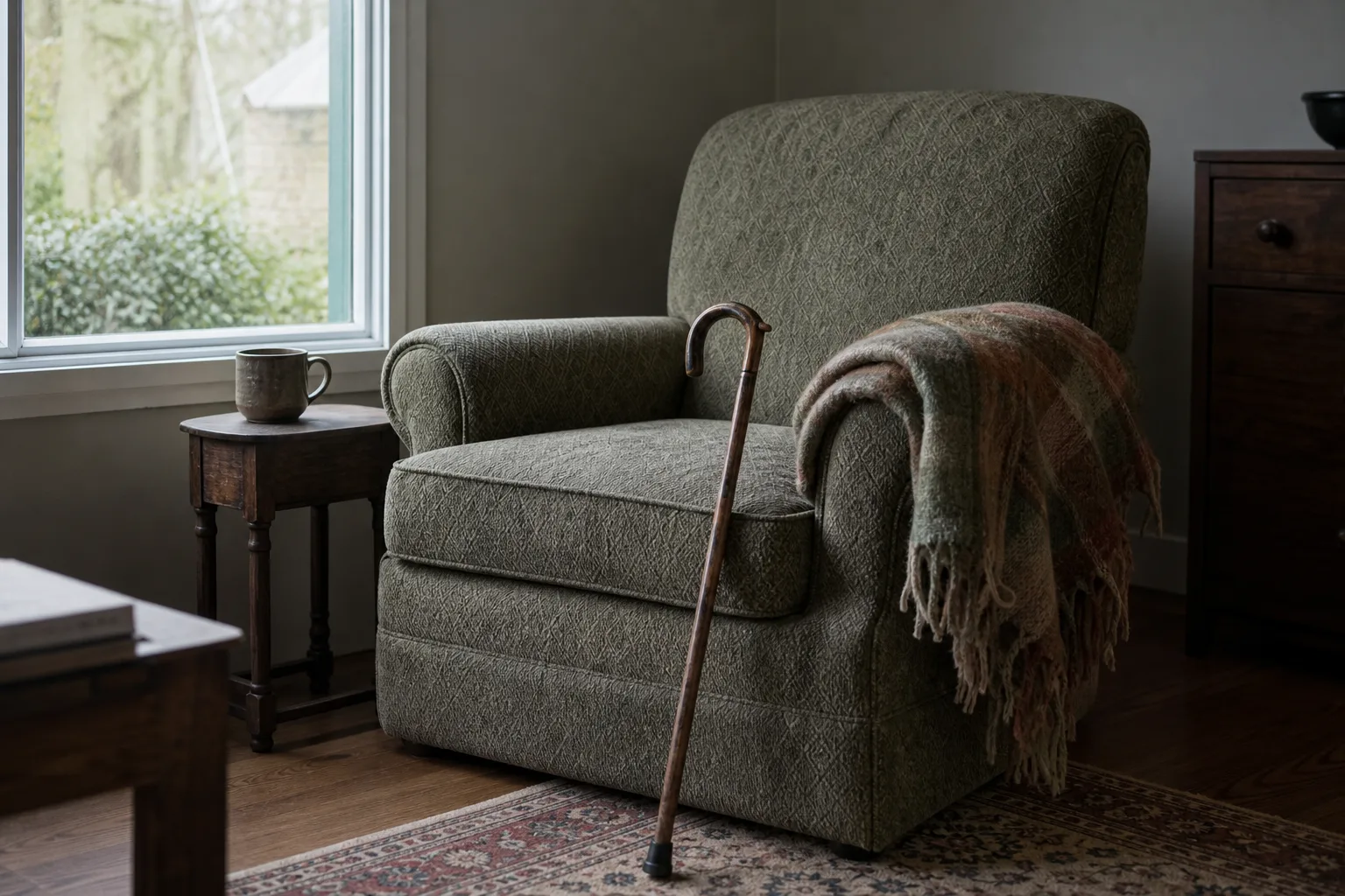 An armchair beside a window with a folded blanket over the arm and a walking cane resting against the seat