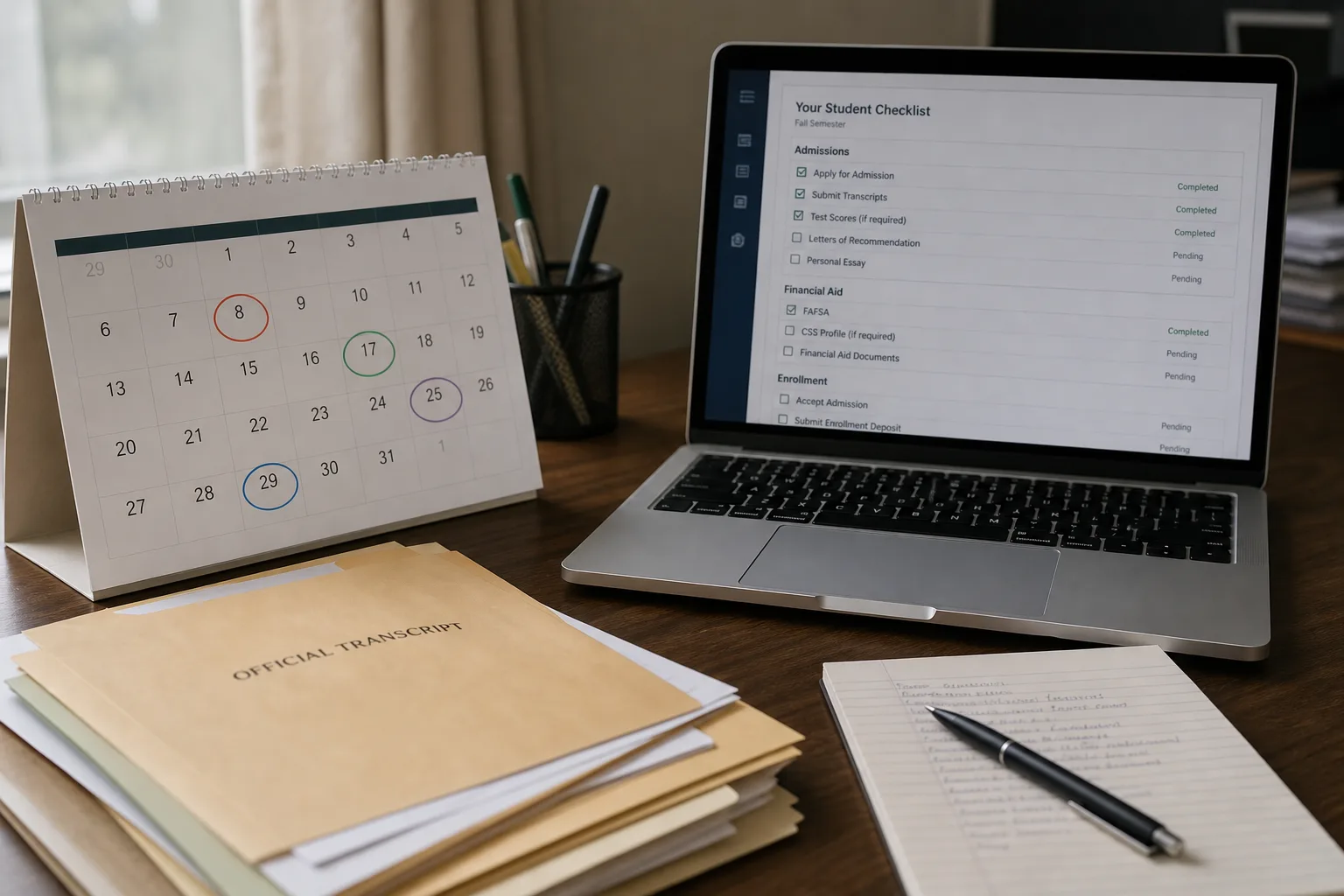A wall calendar page with several dates circled in different colored ink, sitting on a desk beside a stack of manila folders, printed transcript envelopes, a...