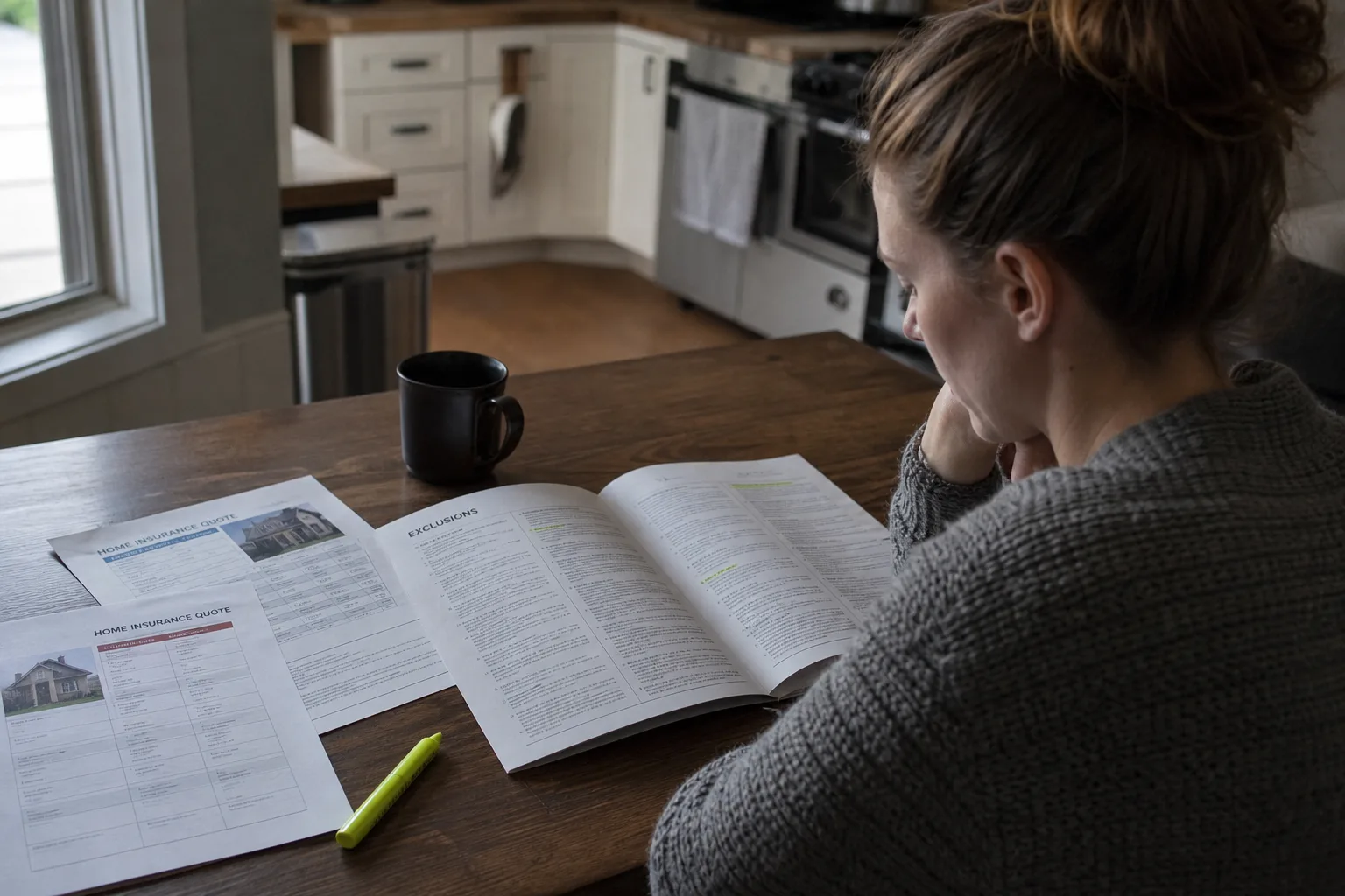 A homeowner at a kitchen table with a printed insurance policy open to a dense page of exclusions, a highlighter and two competing quote sheets beside it