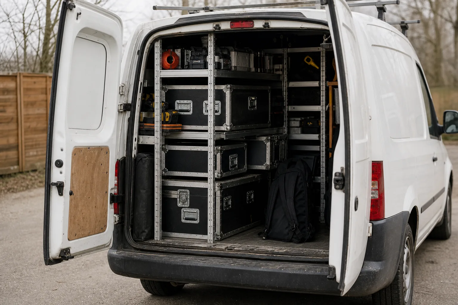 A work van with its rear doors open showing organized shelving and stacked equipment cases