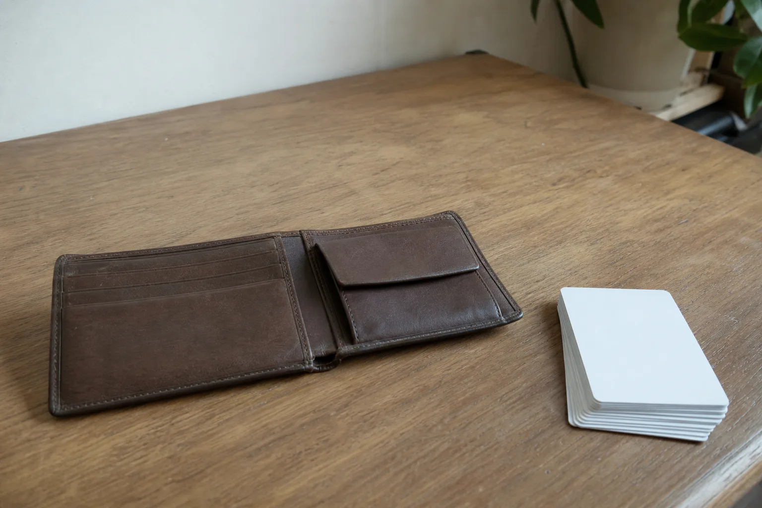 A wallet lying open on a table with cards removed and stacked face down beside it