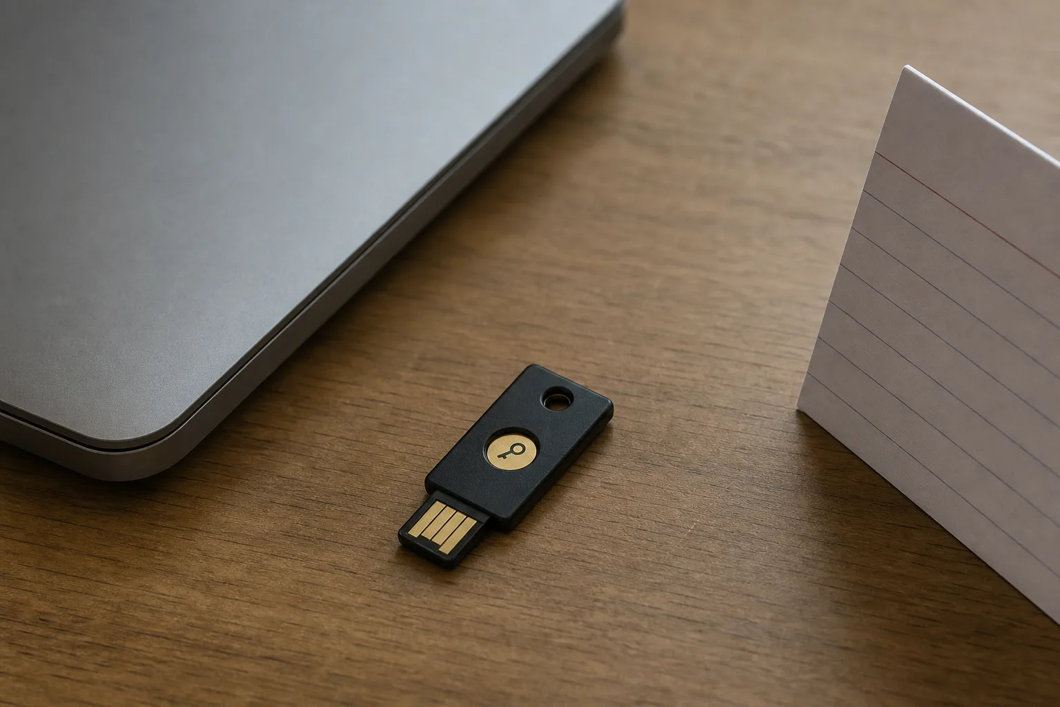 A small hardware security key lying on a desk beside a closed laptop and a folded index card