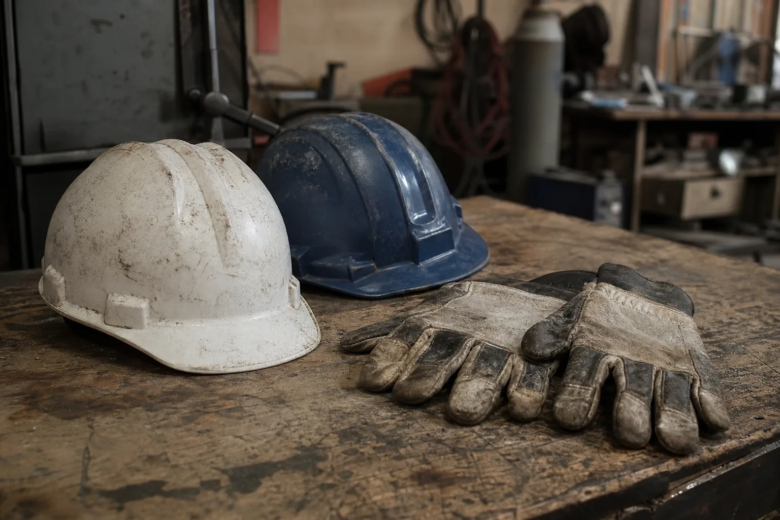 Two hard hats and a pair of work gloves resting on a bench inside a small shop