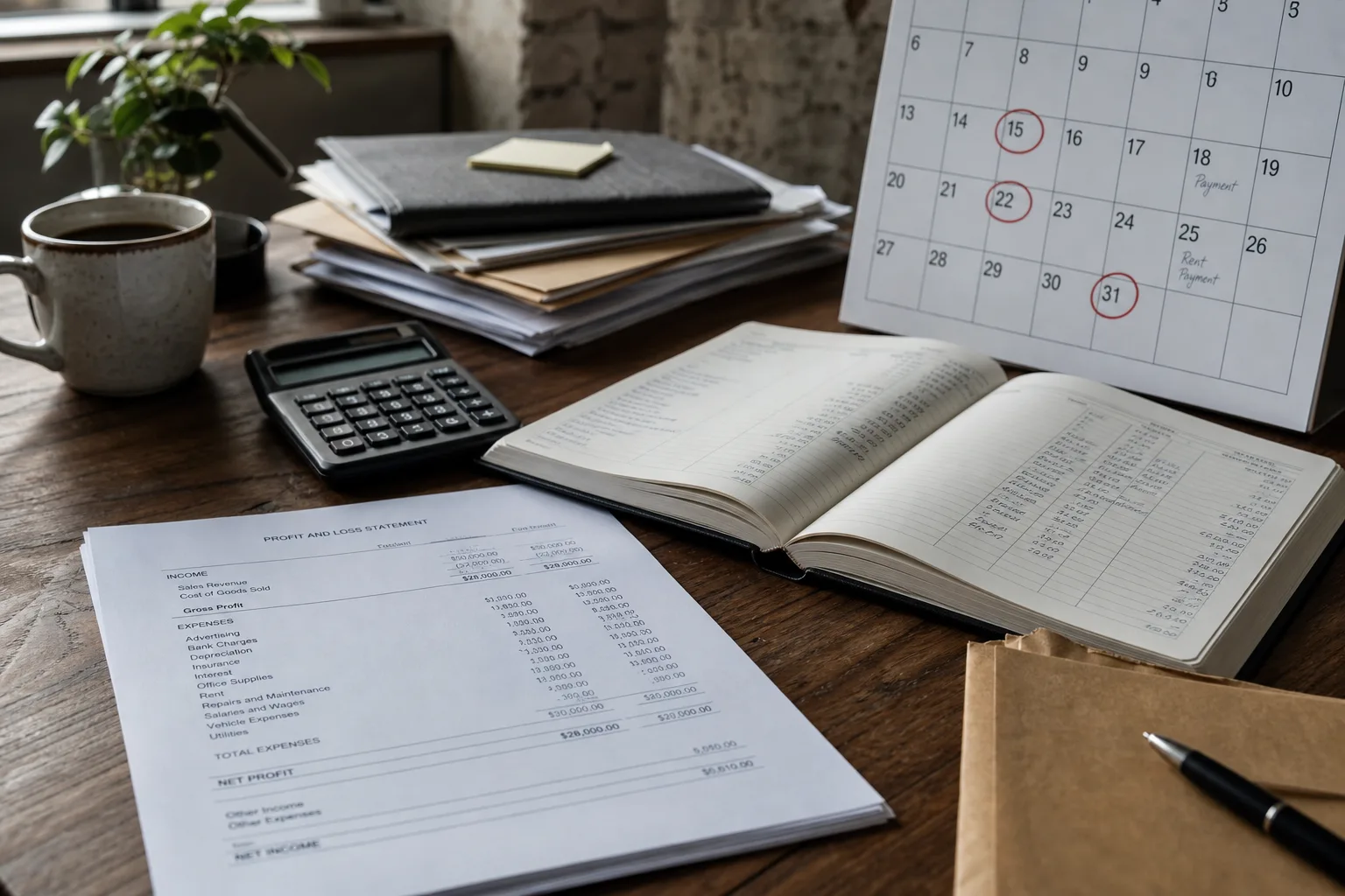 A small business owner's desk with a printed profit and loss statement beside an open bank account ledger and a wall calendar marked with payment dates