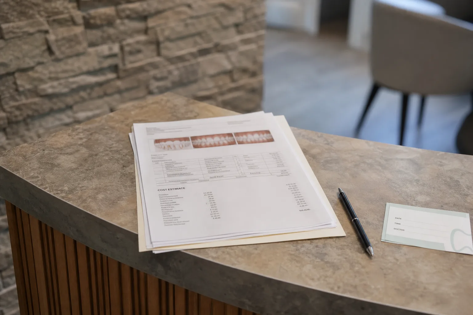 A printed multi-page treatment plan and cost estimate on a clinic reception counter, with a pen and an appointment card beside it