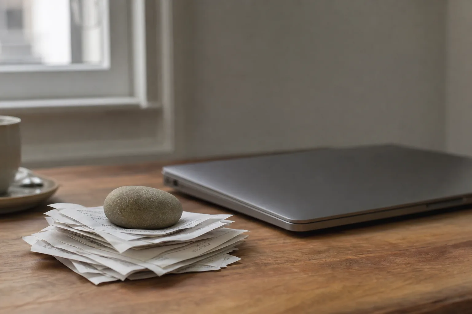 A small stack of paper receipts held down by a smooth stone beside a closed laptop on a desk