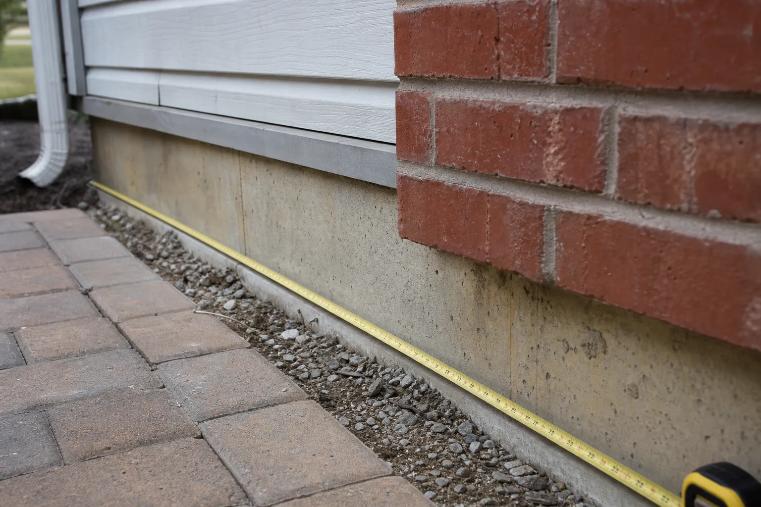 A tape measure extended along the base of an exterior wall beside a section of brick veneer