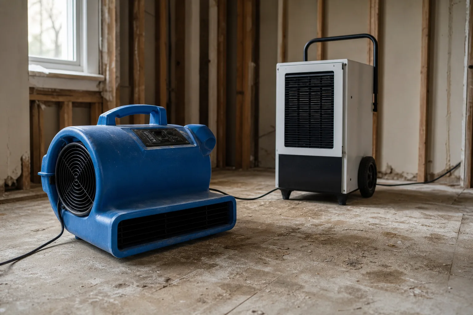 A commercial air mover and a dehumidifier positioned on a bare subfloor in a stripped room