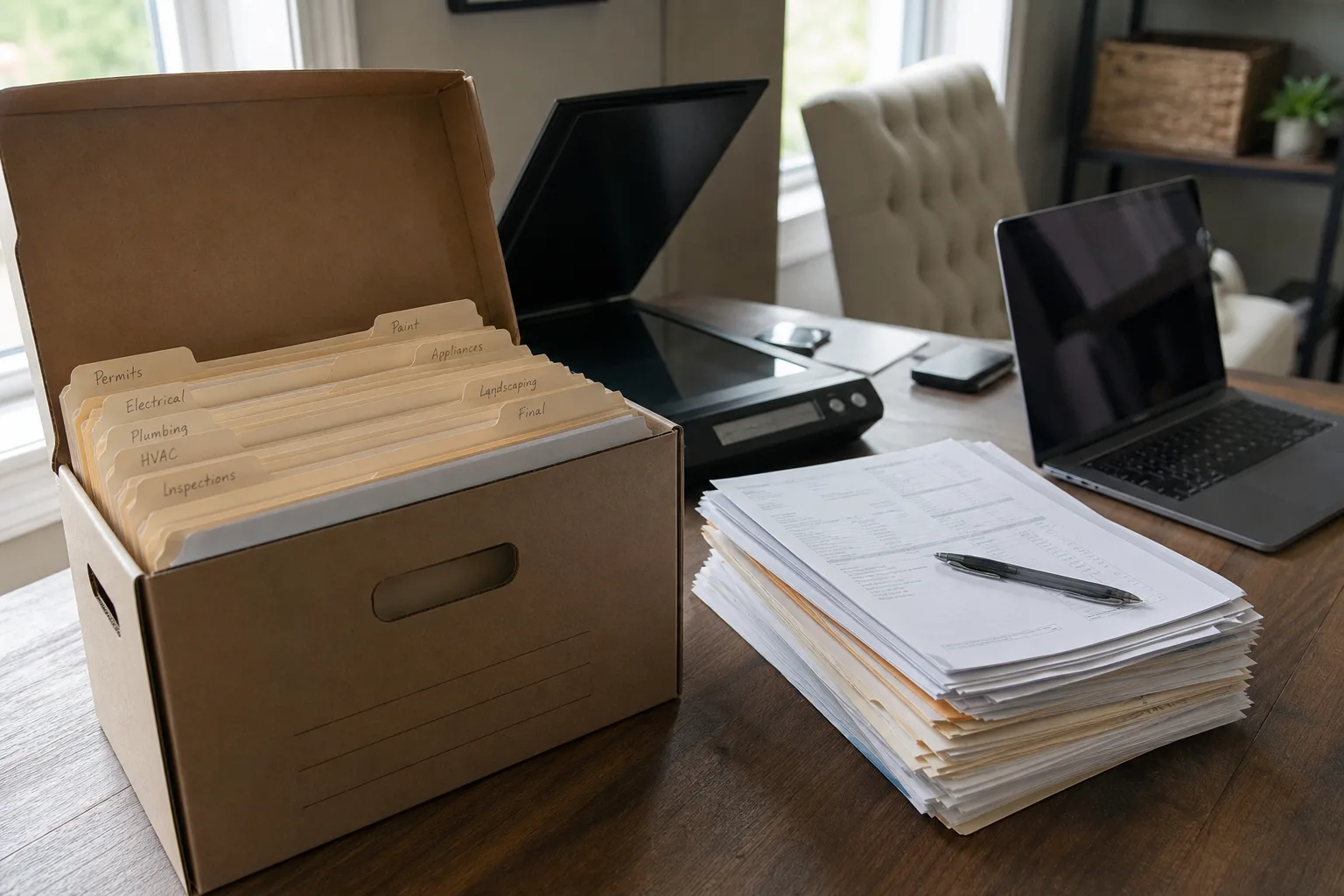 A home office desk with a labeled file box open, manila folders with handwritten tabs, a flatbed scanner, and a stack of contractor invoices and closing docu...