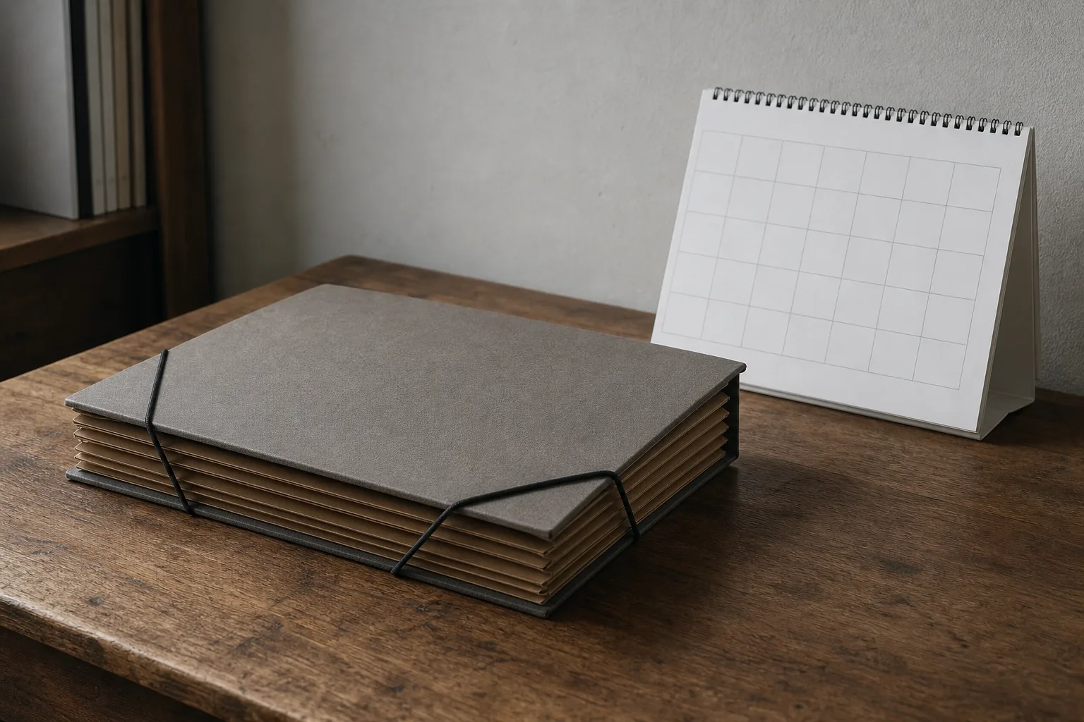 A closed accordion file with elastic ties resting on a wooden desk beside a wall calendar with no markings