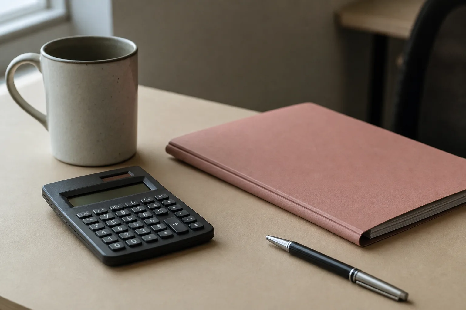 A calculator, a pen and a closed folder arranged on a plain desk beside a mug