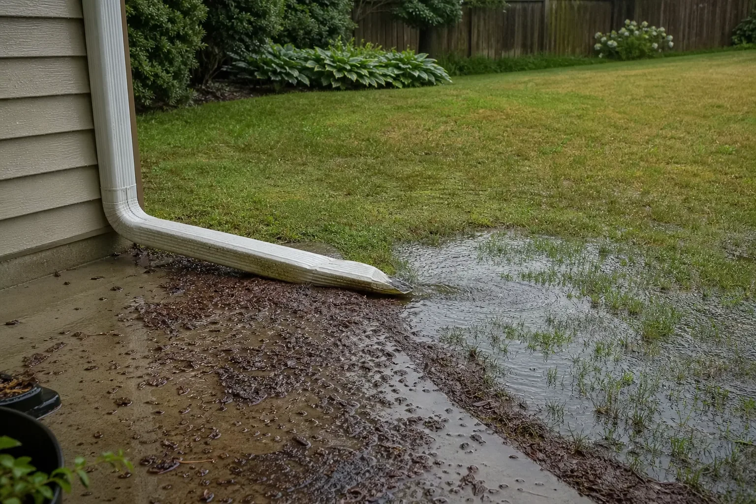 A residential backyard during light rain, with water visibly pooling in a low section of lawn near a downspout extension, mulch washed onto an adjacent concr...