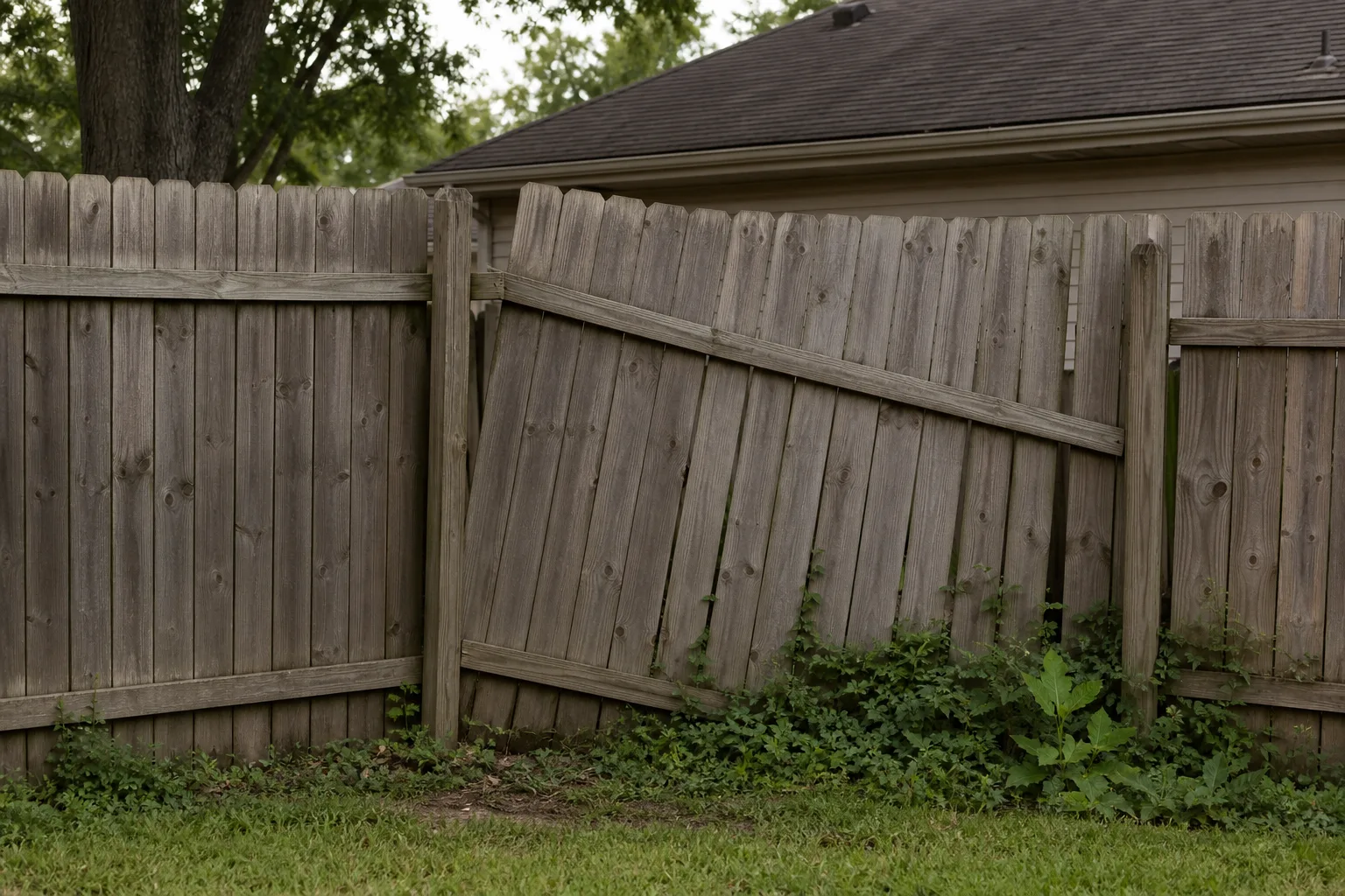 A section of wooden privacy fence with two panels leaning out of line, seen from a back yard