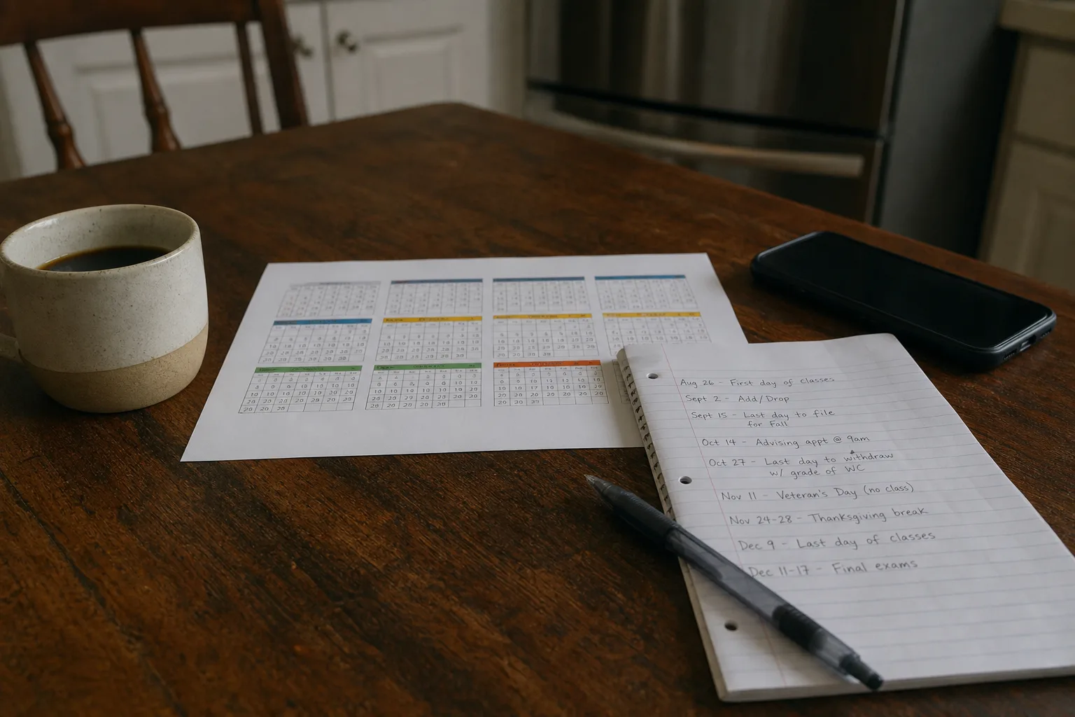 A kitchen table with a printed academic calendar page, a handwritten list of dates on lined paper, a smartphone, and a coffee cup, with a pen resting mid-page